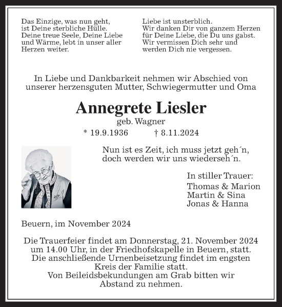 Traueranzeige von Annegrete Liesler von Giessener Anzeiger