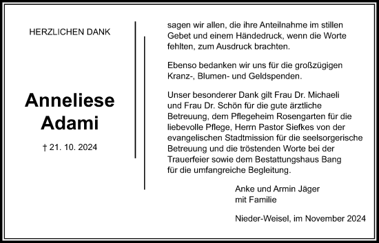 Traueranzeige von Anneliese Adami von Butzbacher Zeitung