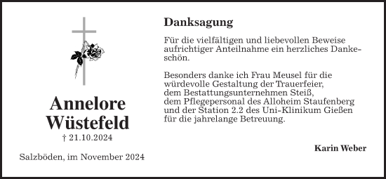 Traueranzeige von Annelore Wüstefeld von Giessener Anzeiger, Giessener Allgemeine, Alsfelder Allgemeine