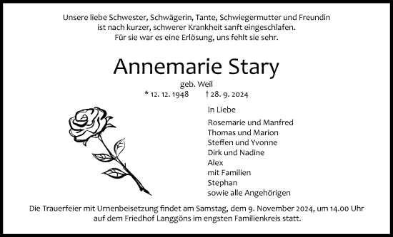 Traueranzeige von Annemarie Stary von Giessener Allgemeine, Alsfelder Allgemeine