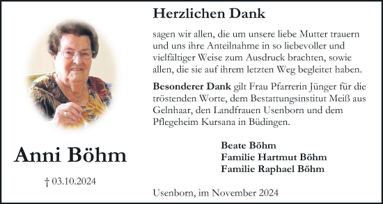 Traueranzeige von Anni Böhm von Kreis-Anzeiger