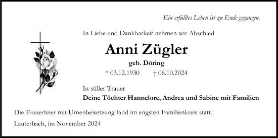 Traueranzeige von Anni Zügler von Lauterbacher Anzeiger