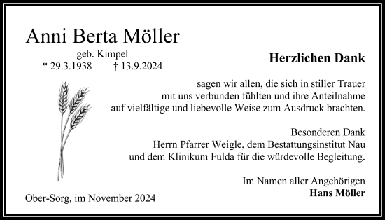 Traueranzeige von Anni Berta Möller von Oberhessische Zeitung
