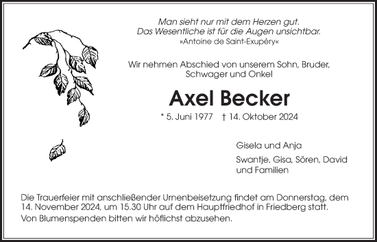 Traueranzeige von Axel Becker von Wetterauer Zeitung