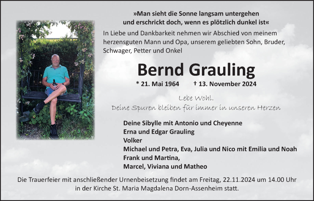  Traueranzeige für Bernd Grauling vom 16.11.2024 aus Kreis-Anzeiger, Wetterauer Zeitung