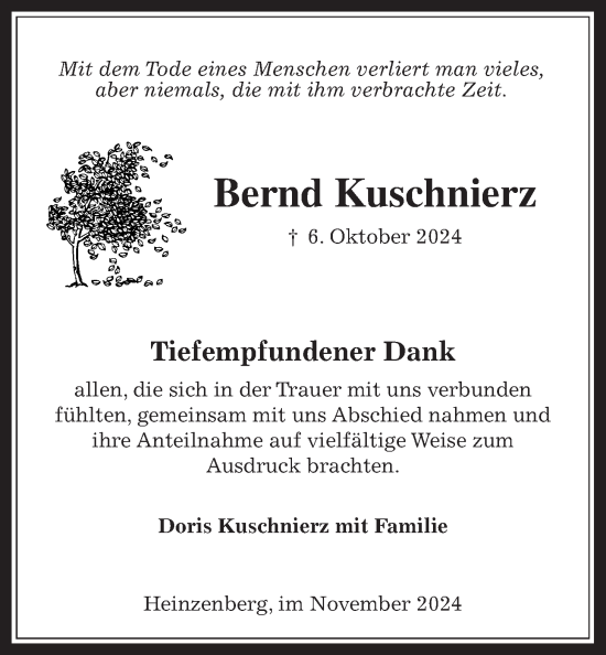 Traueranzeige von Bernd Kuschnierz von Usinger Anzeigenblatt