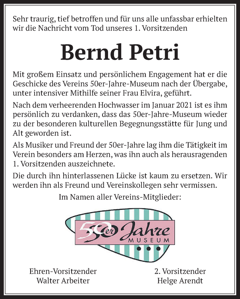  Traueranzeige für Bernd Petri vom 23.11.2024 aus Kreis-Anzeiger