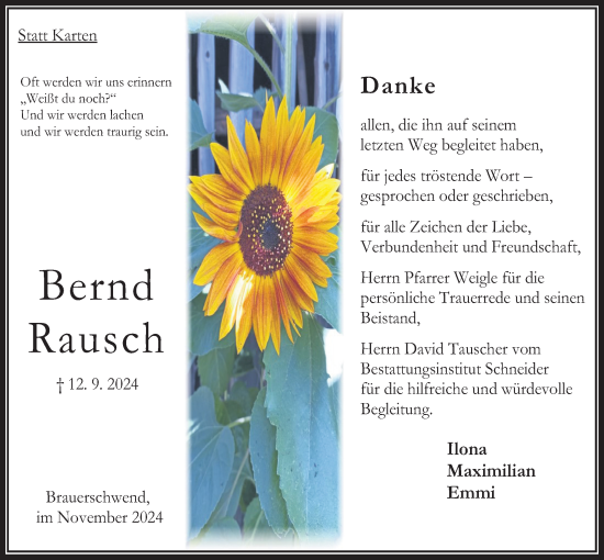 Traueranzeige von Bernd Rausch von Oberhessische Zeitung, Lauterbacher Anzeiger