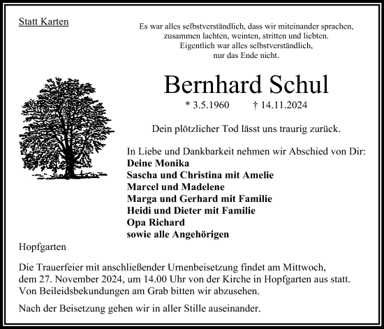 Traueranzeige von Bernhard Schul von Oberhessische Zeitung