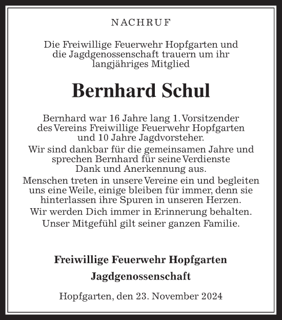 Traueranzeige von Bernhard Schul von Oberhessische Zeitung