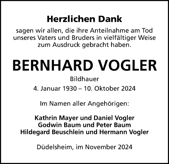 Traueranzeige von Bernhard Vogler von Kreis-Anzeiger