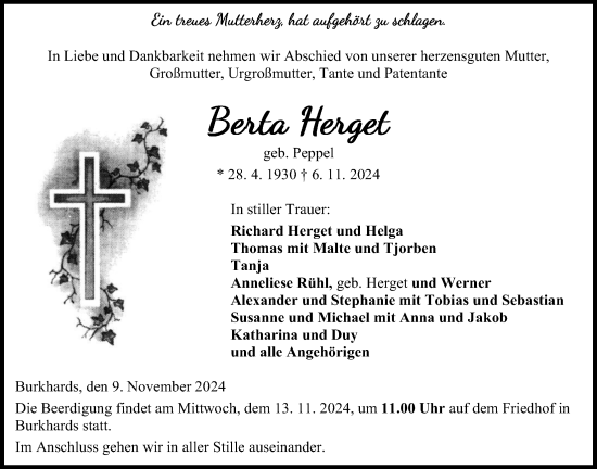 Traueranzeige von Berta Herget von Kreis-Anzeiger