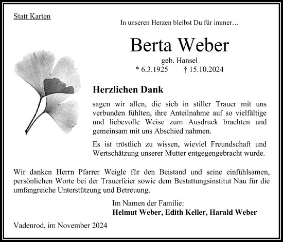 Traueranzeige von Berta Weber von Oberhessische Zeitung