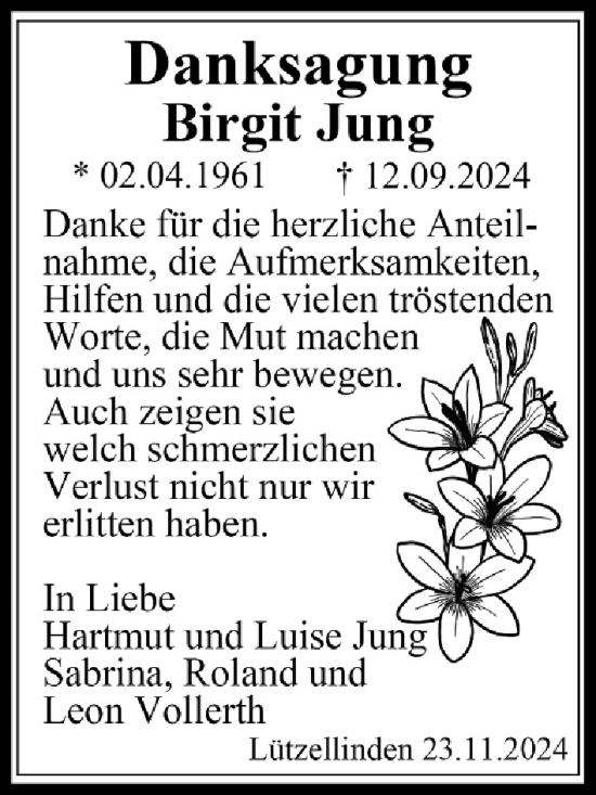 Traueranzeige von Birgit Jung von Giessener Allgemeine, Alsfelder Allgemeine