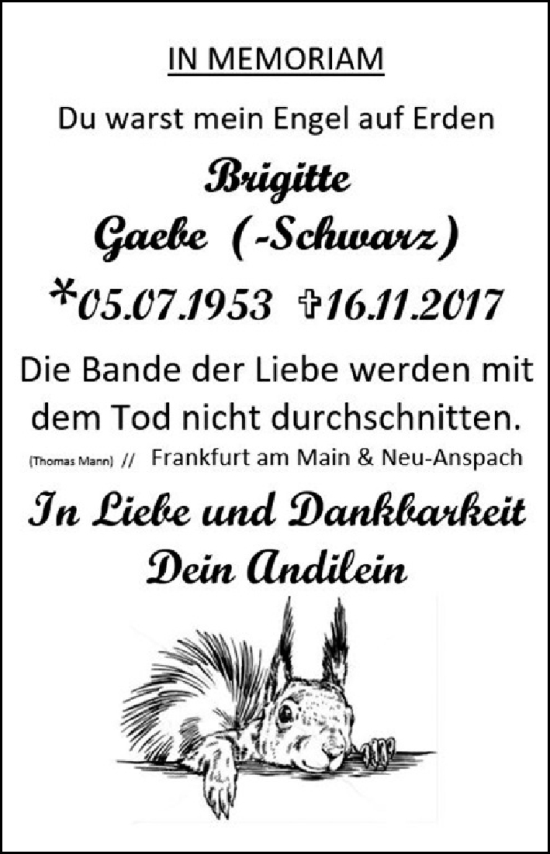 Traueranzeige von Brigitte Gaebe von Usinger Anzeiger
