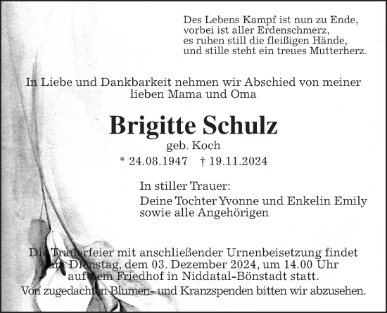 Traueranzeige von Brigitte Schulz von Wetterauer Zeitung