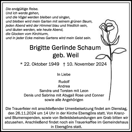 Traueranzeige von Brigitte Gerlinde Schaum von Butzbacher Zeitung