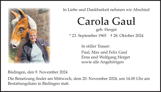 Traueranzeige von Carola Gaul von Kreis-Anzeiger