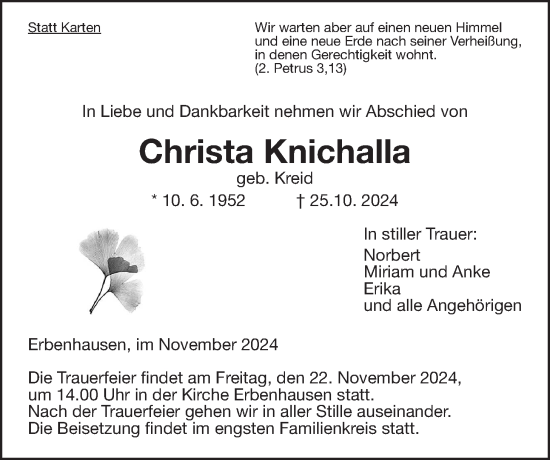 Traueranzeige von Christa Knichalla von Oberhessische Zeitung