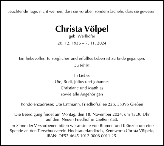 Traueranzeige von Christa Völpel von Giessener Anzeiger, Giessener Allgemeine, Alsfelder Allgemeine