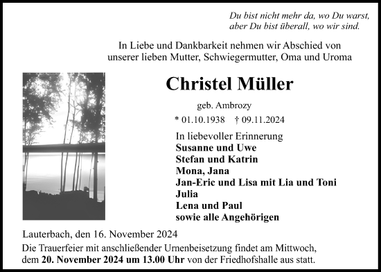 Traueranzeige von Christel Müller von Lauterbacher Anzeiger