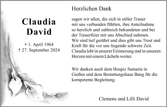 Traueranzeige von Claudia David von Butzbacher Zeitung
