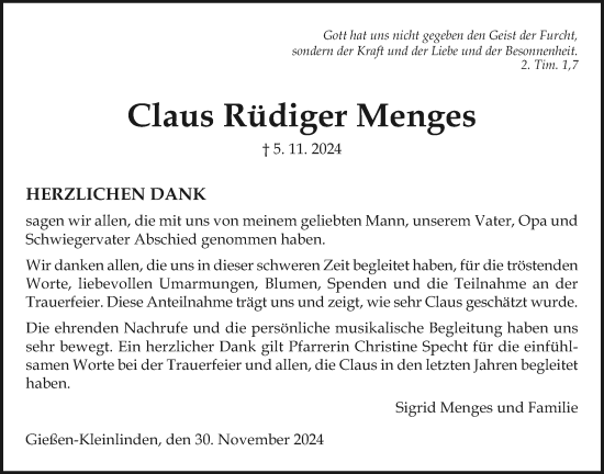 Traueranzeige von Claus Rüdiger Menges von Giessener Allgemeine, Alsfelder Allgemeine, Giessener Anzeiger