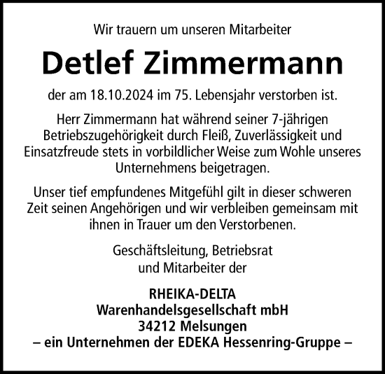Traueranzeige von Detlef Zimmermann von Giessener Anzeiger