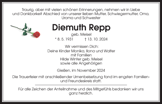 Traueranzeige von Diemuth Repp von Giessener Anzeiger, Giessener Allgemeine, Alsfelder Allgemeine