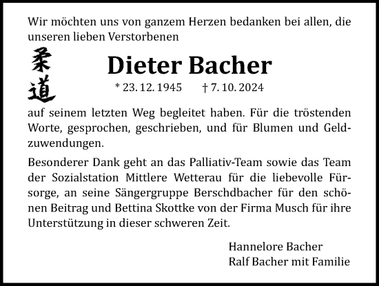 Traueranzeige von Dieter Bacher von Wetterauer Zeitung