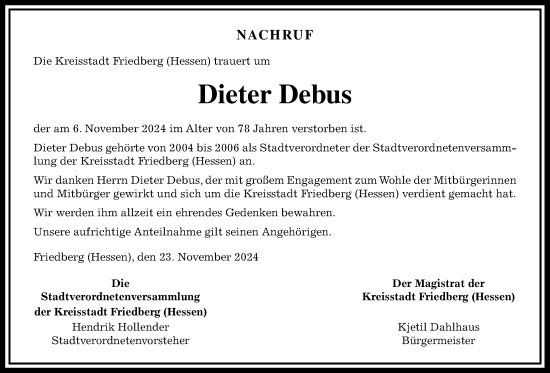 Traueranzeige von Dieter Debus von Wetterauer Zeitung