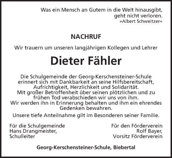 Traueranzeige von Dieter Fähler von Giessener Allgemeine, Alsfelder Allgemeine