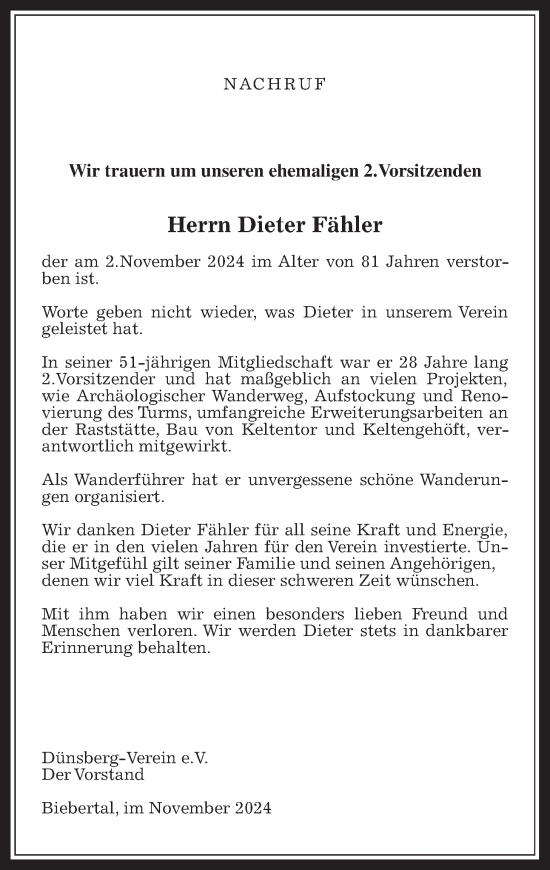 Traueranzeige von Dieter Fähler von Giessener Anzeiger