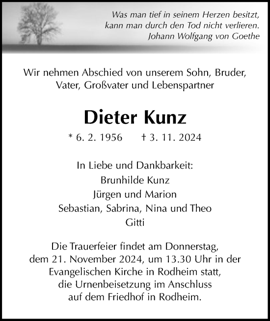 Traueranzeige von Dieter Kunz von Giessener Anzeiger, Giessener Allgemeine, Alsfelder Allgemeine