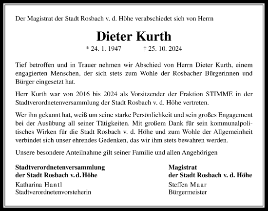 Traueranzeige von Dieter Kurth von Wetterauer Zeitung