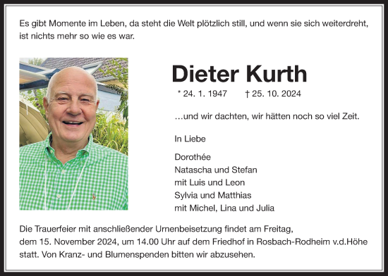 Traueranzeige von Dieter Kurth von Wetterauer Zeitung