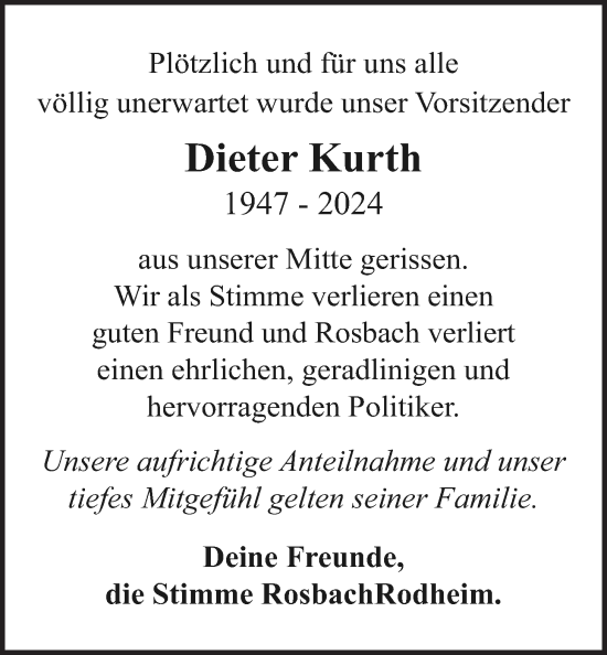 Traueranzeige von Dieter Kurth von Wetterauer Zeitung