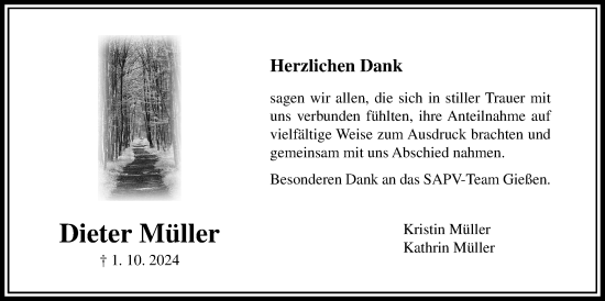 Traueranzeige von Dieter Müller von Licher Wochenblatt