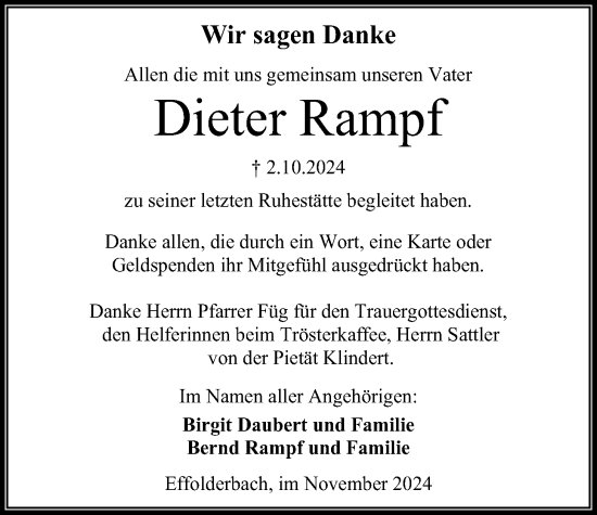 Traueranzeige von Dieter Rampf von Kreis-Anzeiger