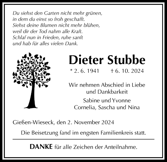 Traueranzeige von Dieter Stubbe von Giessener Allgemeine, Alsfelder Allgemeine