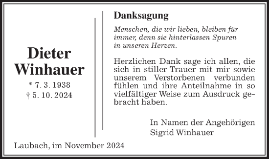 Traueranzeige von Dieter Winhauer von Laubacher Anzeiger