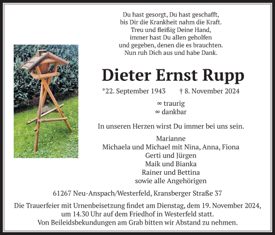 Traueranzeige von Dieter Ernst Rupp von Usinger Anzeiger