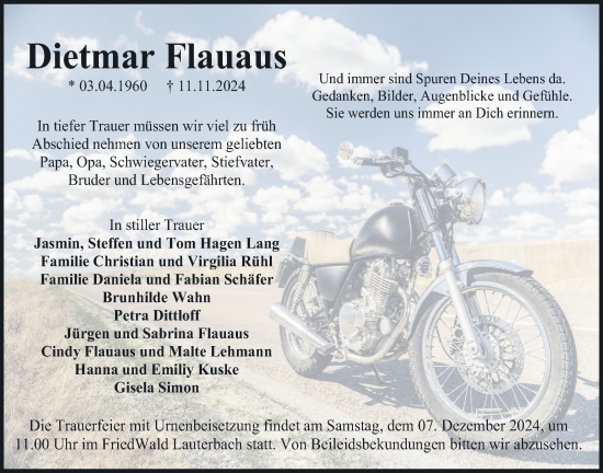 Traueranzeige von Dietmar Flauaus von Lauterbacher Anzeiger, Oberhessische Zeitung