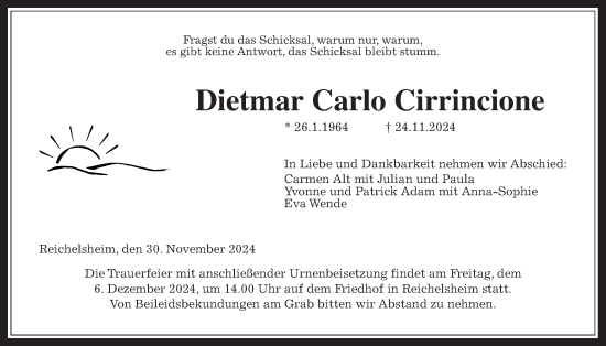 Traueranzeige von Dietmar Carlo Cirrincione von Wetterauer Zeitung