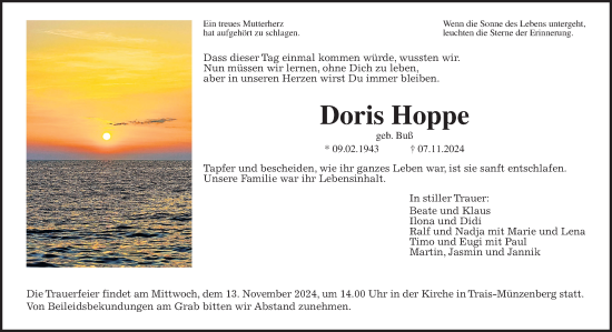 Traueranzeige von Doris Hoppe von Butzbacher Zeitung