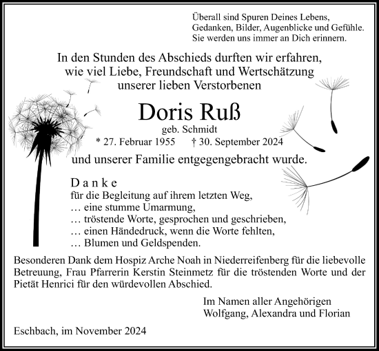 Traueranzeige von Doris Ruß von Usinger Anzeiger