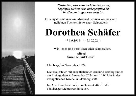 Traueranzeige von Dorothea Schäfer von Kreis-Anzeiger