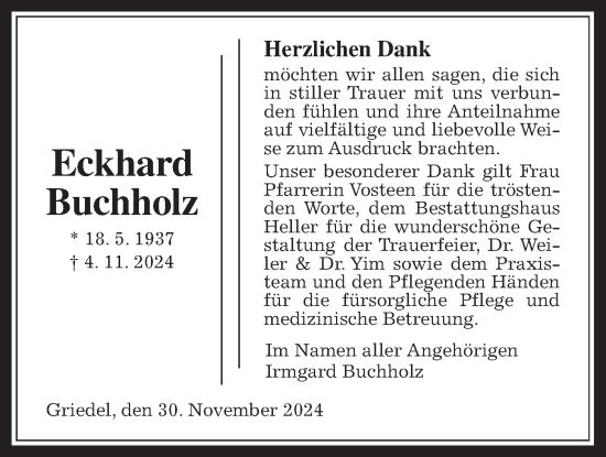 Traueranzeige von Eckhard Buchholz von Butzbacher Zeitung