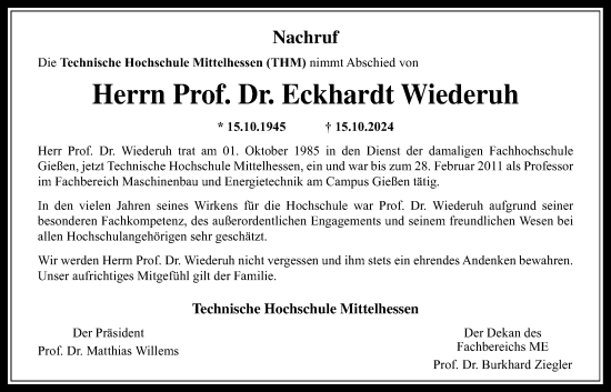 Traueranzeige von Eckhardt Wiederuh von Giessener Anzeiger, Giessener Allgemeine, Alsfelder Allgemeine
