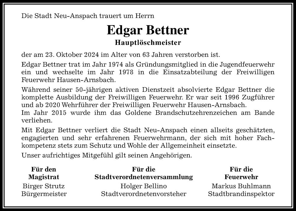  Traueranzeige für Edgar Bettner vom 02.11.2024 aus Usinger Anzeiger
